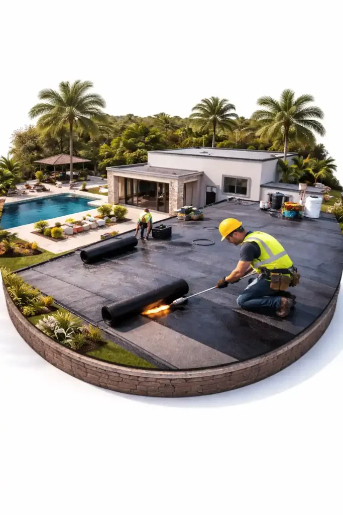 Modified bitumen torch down roof installation in North Lauderdale Florida by professional roofing contractor